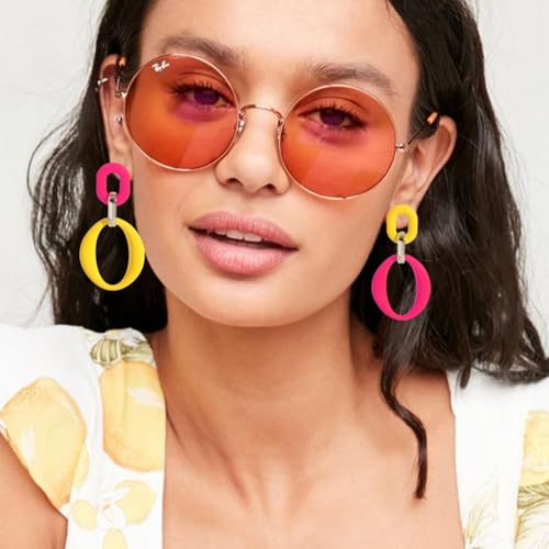 Geometric Square Earrings for Women Lightweight Colorful Color Block Acrylic Chunky Geometric Rectangle Oval Link Chain Statement Earring - style: Yellow Rose Red-O