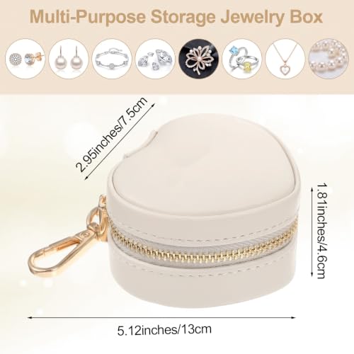 Small Travel Jewelry Case with Keychain Mini Jewelry Box for Rings Earrings Necklaces PU Leather Zipper Heart Jewelry Pouch for Women Travel Essentials White - color: white