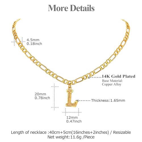 14K Gold Plated Initial Necklaces for Women Men A-Z Letter Necklaces | Figaro Chain, 16"+2" Adjustable Length, with Gift Box - style: L