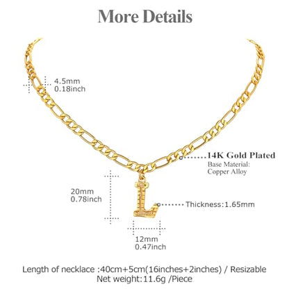14K Gold Plated Initial Necklaces for Women Men A-Z Letter Necklaces | Figaro Chain, 16"+2" Adjustable Length, with Gift Box - style: L