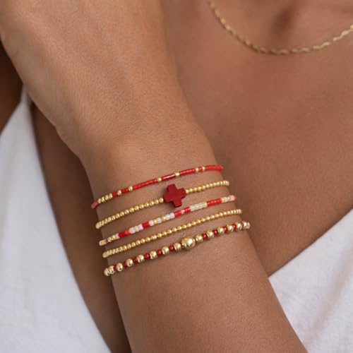 Gold Bracelets for Women, Beaded Cross Stack, Non Tarnish Set，Set-1 | Gold Beaded Bracelet Stack with Stretch Fit, Waterproof Finish and Dainty Design for Everyday Wear and Gifts - color: Colors-11