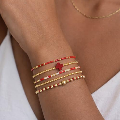 Gold Bracelets for Women, Beaded Cross Stack, Non Tarnish Set，Set-1 | Gold Beaded Bracelet Stack with Stretch Fit, Waterproof Finish and Dainty Design for Everyday Wear and Gifts - color: Colors-11