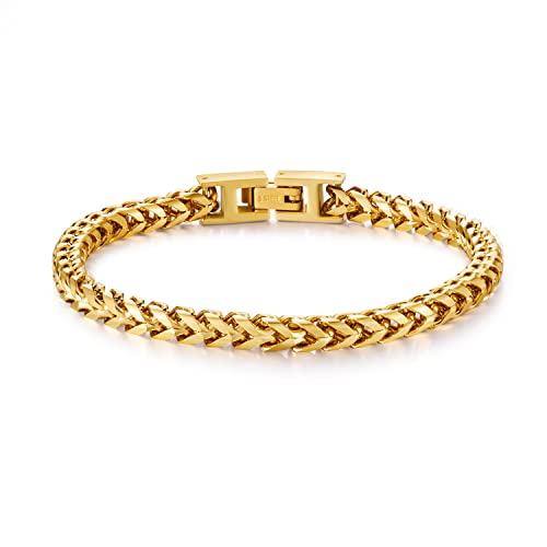 Mens Bracelet - Stainless Steel Fold Over Clasp Franco Chain Bracelets for Men - color: G-Gold