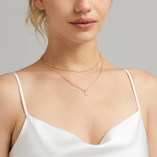 Luxval Diamond Pendant Gold Necklace for Women，Dainty 18k Gold Plated Choker Necklaces Simple Gold Jewelry Gifts for Women - color: Gold-Birthstone Layered