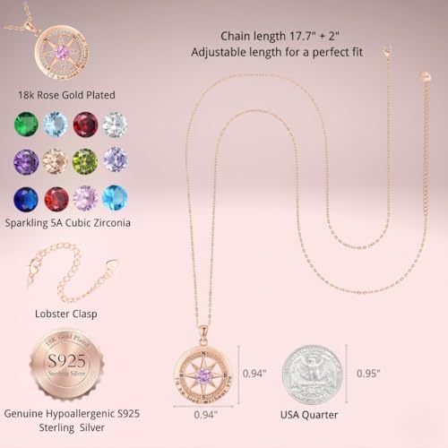 Compass Necklace for Women Wife Girlfriend Mom Daughter Gifts | S925 Silver Jewelry For Anniversary 18K Rose Gold Gifts For Birthday Christmas Mothers Valentines Day 12 Birthstones - style: 10-October-Rose Gold