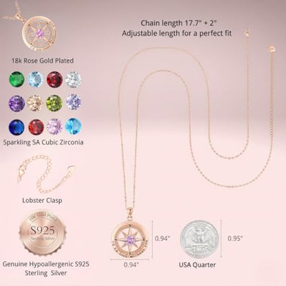 Compass Necklace for Women Wife Girlfriend Mom Daughter Gifts | S925 Silver Jewelry For Anniversary 18K Rose Gold Gifts For Birthday Christmas Mothers Valentines Day 12 Birthstones - style: 10-October-Rose Gold