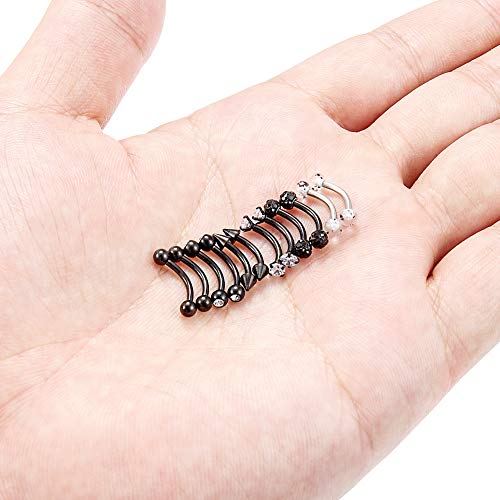 6-12 Pcs 16G Stainless Steel Eyebrow Piercing Rings Clear CZ Curved Barbell Helix Daith Piercing Body Jewelry for Women Men - style: 12pcs black