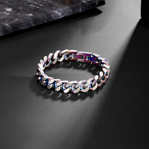 Mens Bracelet-Stainless Steel Fold Over Clasp Cuban Chain-Bracelets for Men - color: E-Colors