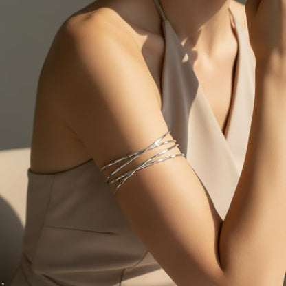 ItsStarred Minimalist Arm Cuff Gold Plated, Upper Arm Cuff Bangle Bracelet for Women, Adjustable Arm band Set 6 Pieces - color: A1: Silver Plated Coil 4pcs