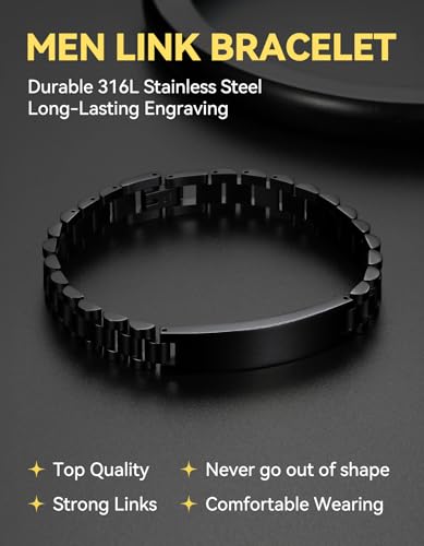 ChainsHouse Men Stainless Steel Bracelet Adjustable Custom ID Engraved Gift | Personalized Silver/Gold/Black for Birthday Father Husband Boyfriend with Gift Box Adjustable Tool 10mm/15mm/15.5mm 8.3"/8.7" - color: P.10mm Width-Black--No Custom