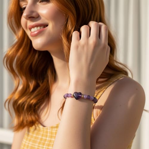 Heart Crystal Bracelet,Natural Gemstone Healing Bead Bracelet | Handmade Jewelry Gifts for Women Men,Graduation Gift for Her - color: Amethyst Bracelet