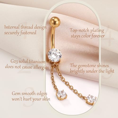AROWRO Dangle Belly Button Rings Titanium Gold Sliver Belly Button Ring Hypoallergenic 14G Dangle Navel Piercing Jewelry 10mm Barbell for Women - color: Gold