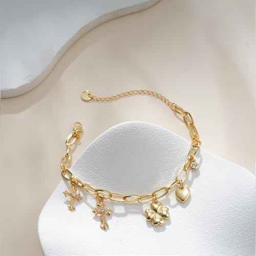 3PCS Charm Gold Bracelets for Women Non Tarnish,14k Plated Gold Bracelet Stack Cute Dainty Stackable Trendy Bow Cross Clover Bracelets Set Tarnish Free Gold Jewelry for Women Gifts - color: Cross-Gold