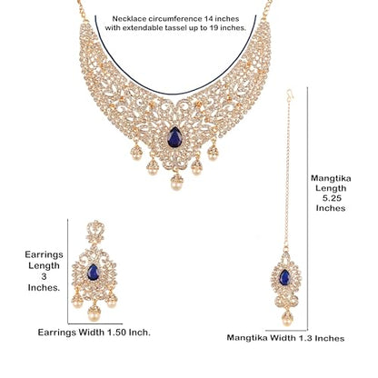 Touchstone Indian jewelry sets for women tikka wedding necklace costume guest statement bollywood rhinestones crystal faux pearls gold big royal neck piece set bridal fashion accessories - color: Blue in Center 2