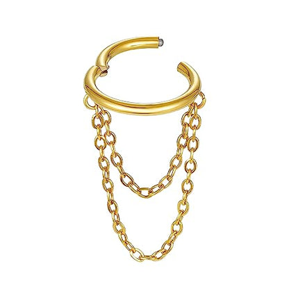 16G Titanium Cartilage Earrings Hoop 7mm 9mm Helix Piercing Jewelry with Single/Double/Triple Chains Hypoallergenic Hinged Clicker - style: gold 2 chains 9mm