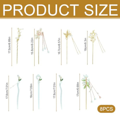 8 Pcs Chinese Hair Sticks Set, Gold and White Japanese Hair Pin (Alloy) | Pearl Tassel Lily of the Valley Metal Flower Hairpins, Asian Traditional Styling Accessories for Women Buns - color: Alloy