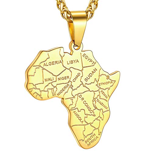 GOLDCHIC JEWELRY Africa Map Necklace for Men, Stainless Steel African Tribal/Egyptian Eye of Horus/I LOVE AFRICA/Elephant Map Hiphop Jewelry Unisex with 22'+2'Adjustable Chain - color: Africa Map - Gold, style: No Customization