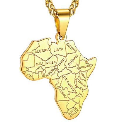 GOLDCHIC JEWELRY Africa Map Necklace for Men, Stainless Steel African Tribal/Egyptian Eye of Horus/I LOVE AFRICA/Elephant Map Hiphop Jewelry Unisex with 22'+2'Adjustable Chain - color: Africa Map - Gold, style: No Customization