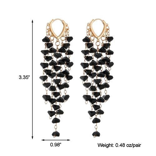 Fringe Hoop Dangle Earrings, Long Beads Tassel Chain Earrings for Women Sparkly Chandelier Earrings - color: Black