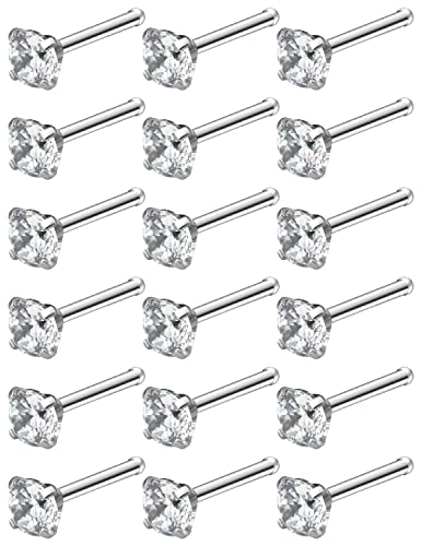 18G 20G 22G Nose Rings Studs with Cubic Zirconia 316L Surgical Steel Straight Screw L Shaped Nose Studs Piercing Jewelry for Women Men Girl CZ 1.5mm 2mm 2.5mm 3mm 20Pcs - color: A:20G Straight- Silver 3mm