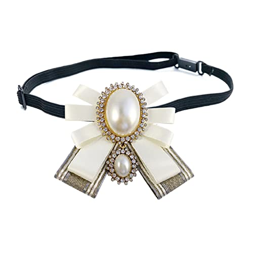 FASELE Bow Brooch Pre-Tied Neck Tie Pearl Brooch Pin Striped Bow Tie for Women Wedding Party Bow Tie - color: White/Adjustable