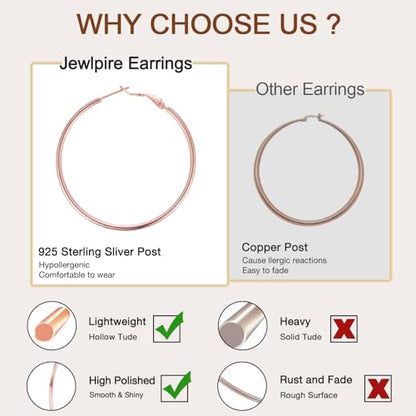 Jewlpire 14K Gold Plated 925 Sterling Sliver Post Hoop Earrings, 2MM Thick Hoop earrings Lightweight Large Hoop Earrings for Women Trendy 20/30/40/50/60/70mm - color: 14K Rose Gold Plated, size: 60mm