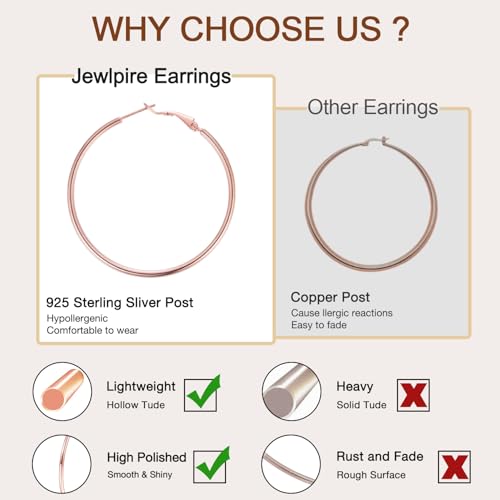 Jewlpire 14K Gold Plated 925 Sterling Sliver Post Hoop Earrings, 2MM Thick Hoop earrings Lightweight Large Hoop Earrings for Women Trendy 20/30/40/50/60/70mm - color: 14K Rose Gold Plated, size: 70mm