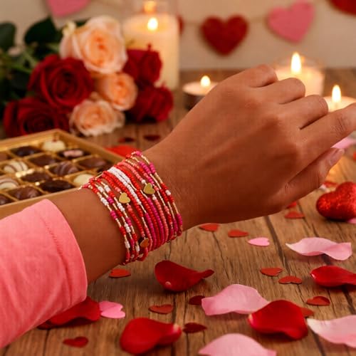 Gold Beaded Bracelets Stack for Women Stocking Stuffers 12PCS Boho Gold Plated Seed Beads Bracelet Stretch Star Stackable Accessories Jewelry Friendship Fall Christmas Gifts for Women - color: Heart Pink