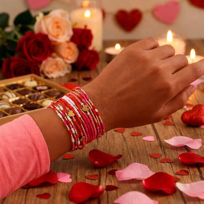 Gold Beaded Bracelets Stack for Women Stocking Stuffers 12PCS Boho Gold Plated Seed Beads Bracelet Stretch Star Stackable Accessories Jewelry Friendship Fall Christmas Gifts for Women - color: Heart Pink