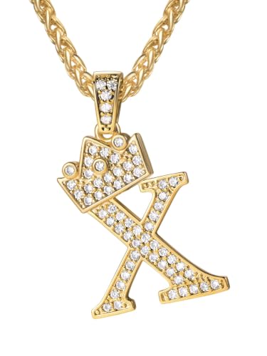 U7 Crown Initial Necklace Men Women, Bling Diamond A-Z 0-9 Letter Pendant with Wheat Chain, Silver/Black/Gold Plated CZ Alphabet Number Hip Hop Jersery for Father Husband - color: a. Gold, size: 24. X