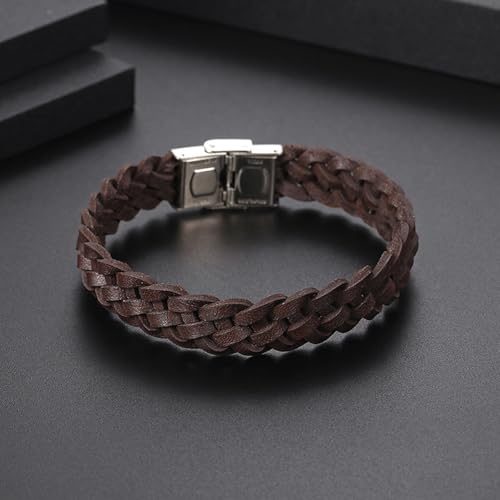 Men's Leather Bracelet, Stackable Stainless Steel Clasp Bracelets for Men Stylish Birthday, Thanksgiving, Valentine's Day Gift for My Man (8.2" Braided Brown Leather) | Men's Accessory, Leather Band, Stainless Steel, Wrist Bracelet