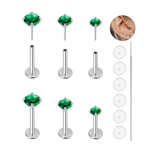 20G Flat Back Earrings Studs 18G Nose Rings 24K Gold Plating 3 Pairs Titanium Threadless 16G Cartilage Earrings for Women Men Tragus Conch Helix Medusa Lip Piercing Jewelry - color: polish emerald cz, size: 20G