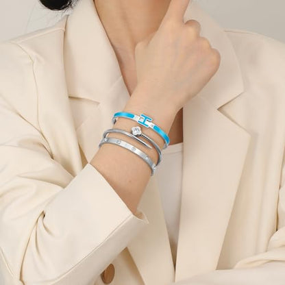 3Pcs Gold Bracelets for Women 14K Gold Plated Love/H/Nail Bangle Bracelet Dainty Non Tarnish Bracelet Jewelry Christmas Mothers Day Gifts for Women - color: 3Pcs Silver/Blue H bracelet