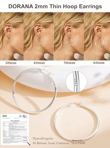 2mm Thin 14K Gold Plated Large S925 Sterling Silver Hoop Earrings for Women Hypoallergenic Big Hoop Non Tarnish Earrings Lightweight 20/30/40/50/60/70mm - color: Silver-40mm