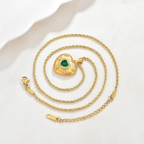 NUZON Sunburst Heart / 2-Tone Interlocking/CZ Evil Eye/Single Pearl/Love Heart Pendant Necklace for Women 14K Gold Chain Necklace Chunky Statement Jewelry - color: Emerald Heart