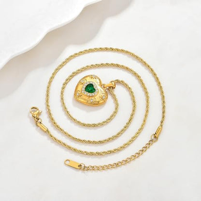 NUZON Sunburst Heart / 2-Tone Interlocking/CZ Evil Eye/Single Pearl/Love Heart Pendant Necklace for Women 14K Gold Chain Necklace Chunky Statement Jewelry - color: Emerald Heart