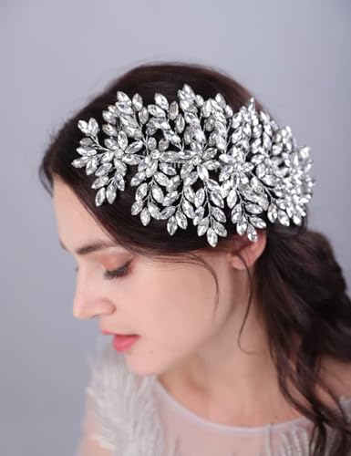 Bridal Rhinestone Hair Comb Large Rhienstone Wedding Headpiece Handmade Crystal Hair Comb for Bride Wedding Hair Accessories for Women (silver) - color: silver
