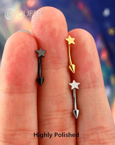 OUFER Rook Piercing Jewelry, G23 Solid Titanium Eyebrow Rings, Heart Vertical Labret Lip Jewelry, 16G Curved Barbells, Daith Rook Earrings for Women Men - color: Gold Black Silver Star, size: 16G 8mm