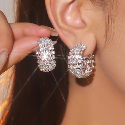 Octwine Boho Women Silver Rhinestone Hoop Earrings Sparkly Rhinestone Circle Statement Earrings Bridal Wedding Prom Bar Earrings