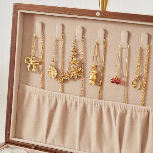 CHOSIN Walnut Wood Jewelry Box with Removable Tray, Vertical Necklace Hooks | 2 Layers Black Walnut Jewelry Organizer, For Watches Rings Earrings Necklace Bracelets, Velvet Interior, Gift for Her - style: 2 Layer B