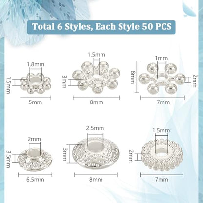 PH PandaHall 300PCS 6 Styles Metal Spacer Bead, Silver Alloy Daisy Beads Bicone Flower Beads Flat Rondelle Snowflake Loose Beads Charms for Bracelet Necklace Earring Jewelry Making Supplies - color: Silver