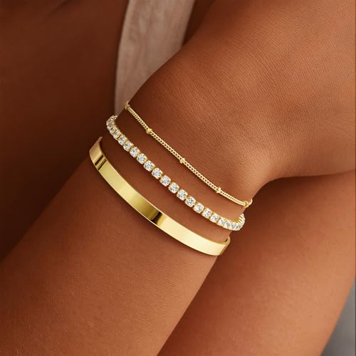Turandoss Gold Bracelets for Women - Dainty 14K Gold Plated Tennis Bracelet | Stackable Cross Beaded Set, Twisted Rope Chain, Snake Paperclip Chain, Knot Cuff Bracelets for Women, Jewelry Gifts - color: Cuff Tennis Set