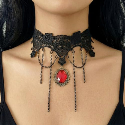 Qceasiy Gothic Black Necklace for Women, Adjustable Victorian Velvet Lace Collar, Halloween Party Cosplay Jewelry Gift - style: Red Gem Chain
