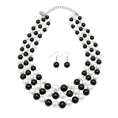 Simulated Pearl Necklace & Earring Set, Multi Strand - color: Black + White Mix