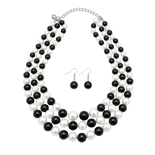 Simulated Pearl Necklace & Earring Set, Multi Strand - color: Black + White Mix