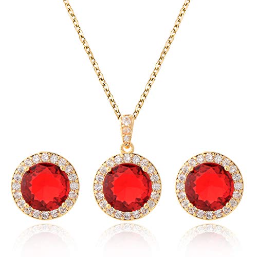 Bridal Crystal Jewelry Set - Sterling Silver Round Cubic Zirconia CZ Rhinestone Halo Birthstone Pendant Necklace Stud Earrings Set for Wedding Bride Bridesmaids Birthday Gift - color: Ruby Red