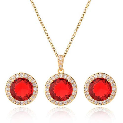 Bridal Crystal Jewelry Set - Sterling Silver Round Cubic Zirconia CZ Rhinestone Halo Birthstone Pendant Necklace Stud Earrings Set for Wedding Bride Bridesmaids Birthday Gift - color: Ruby Red