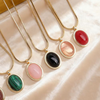 Sonateomber Gold Stone Pendant Necklace for Women, Chunky Statement Dainty Heart Oval Natural Gemstone Dangle Necklaces Wedding Prom Accessories Fashion Jewelry Gift - color: Pink Cat's Eye