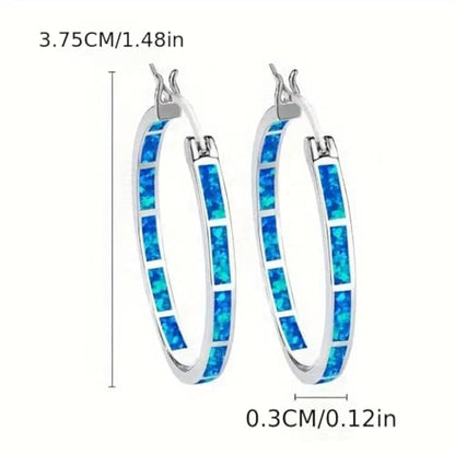 Blue Fire Opal Hoop Earrings for Women – Silver-Plated Inlay Hoops – Lightweight Boho Earrings – Ocean Style Jewelry Gift