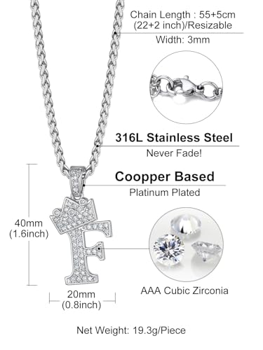 Richsteel Silver Crown Initial A-Z Letter Pendant Necklace for Men Women | Cubic Zirconia Monogram, 316L Steel Chain, 22" + 2" Extender,Hypoallergenic,Gift Box, Hip Hop Jewelry - style: F
